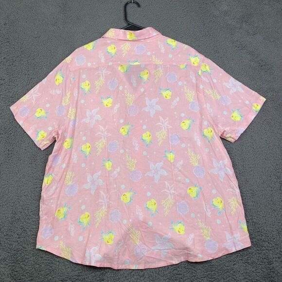 Disney Button Down Mens L Pink The Little Mermaid Flounder Camp Shirt Rayon NEW - Picture 8 of 9